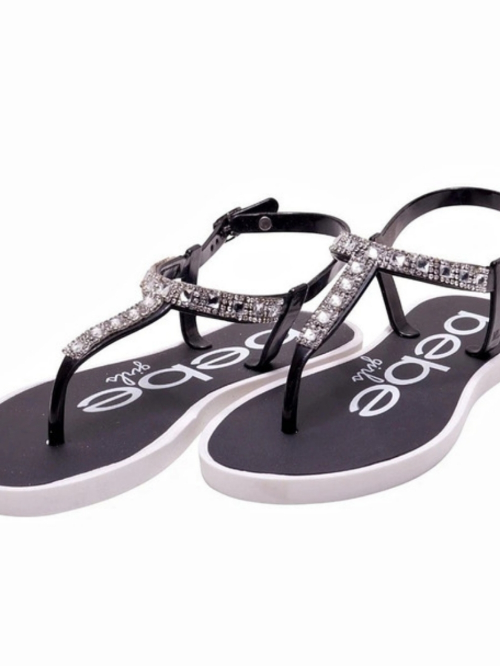 Bebe Rhinestone Thong Sandals Black & White